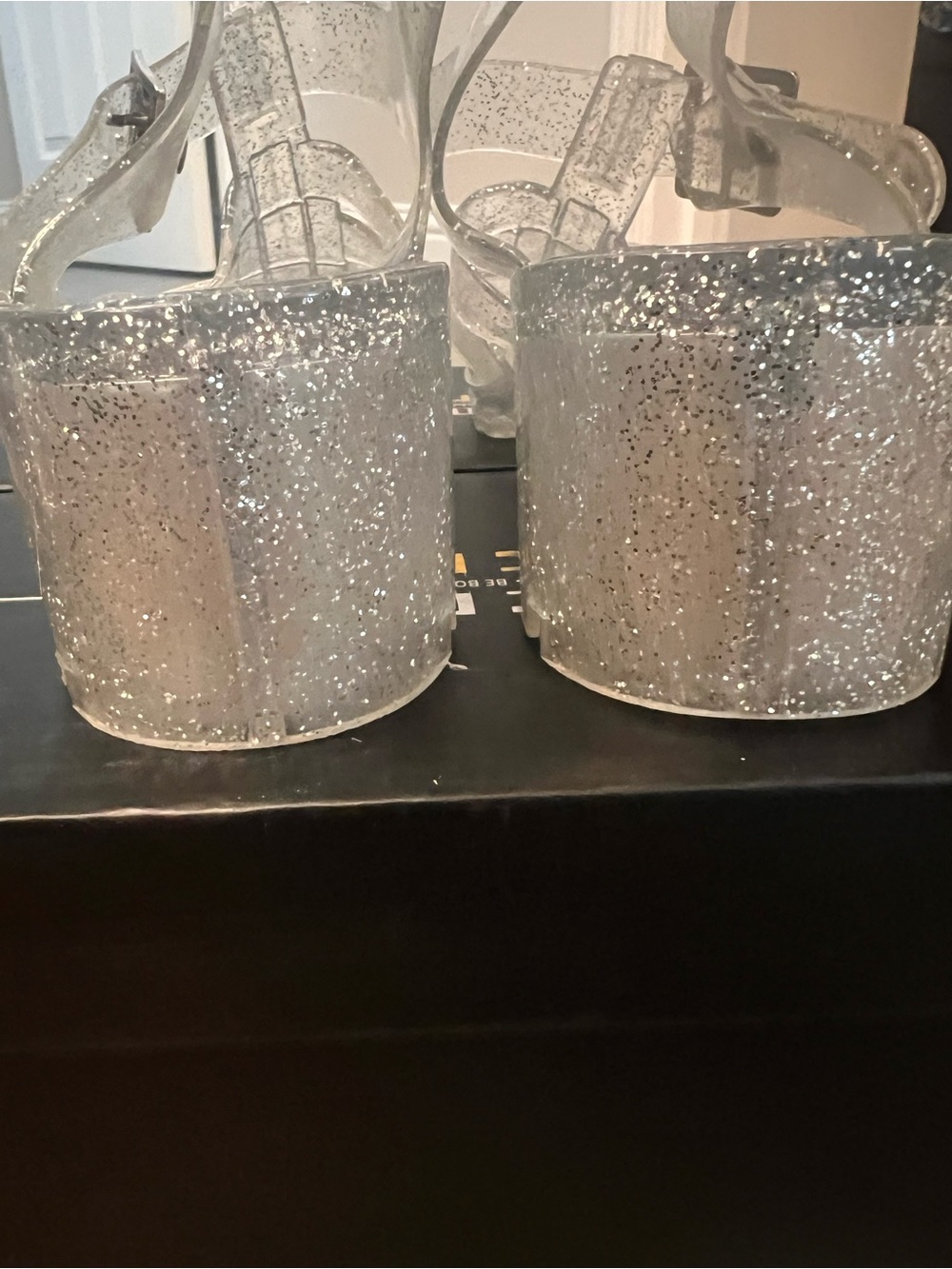Clear Silver Glitter Jelly Heeled Sandals - Y2K Platform Chunky Sparkle Sandals - Picture 6 of 16